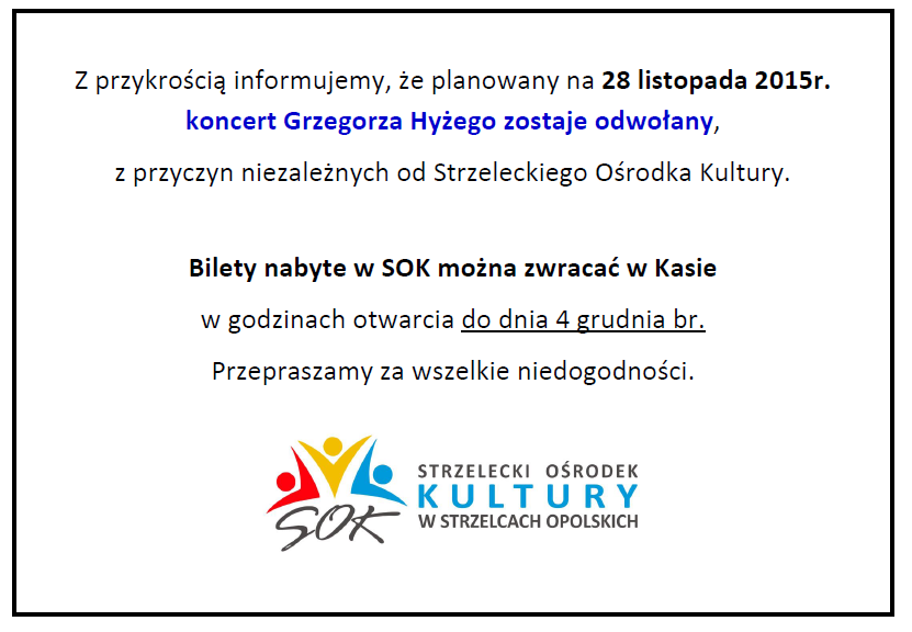 Grafika informująca o odwołaniu koncertu Grzegorza Hyżego. 