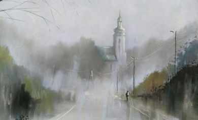PLENEROWY PASTEL PRZEDSTAWIAJĄCY DESZCZOWY DZIEŃ W WYSOKIEJ.