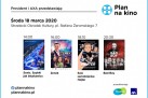 Na plakacie widnieje program filmowy zaplanowany na 18 marca 2020 roku w Strzeleckim Ośrodku Kultury. W ramach wydarzenia „Plan na kino” organizowanego przez Provident i AXA pokazane zostaną cztery filmy: o 14:00 bajka „Sonic. Szybki jak błyskawica”, o 16:00 film biograficzny „Zenek”, o 18:10 „Sala samobójców. Hejter”, a na zakończenie o 20:30 „Bad Boy”. Na dole plakatu umieszczono logotypy organizatorów oraz link do strony internetowej i fanpage’a wydarzenia.