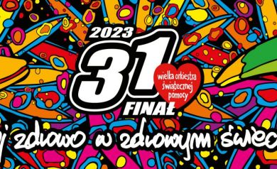 Plakat 31. Finału WOŚP 2023 z hasłem „Żyj zdrowo w zdrowym świecie”. W centrum duży napis „31 Finał” z czerwonym sercem WOŚP. Tło jest kolorowe, z rysunkami żaby i tukana, w stylu pop-art.