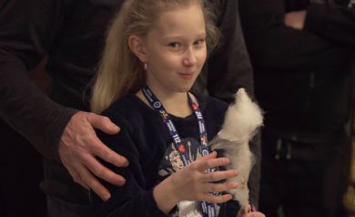 Dziewczynka jedząca watę cukrową, na szyi ma zawieszony brelok z Wielkiej Orkiestry Świątecznej Pomocy. Na jej ramieniu spoczywa dłoń osoby dorosłej. 