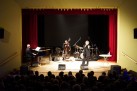 Na zdjęciu widać koncert muzyczny, odbywający się w sali widowiskowej. Na scenie występuje czteroosobowy zespół, w którym muzycy grają na fortepianie, kontrabasie, perkusji oraz kobieta śpiewa. Zespół jest oświetlony, a na widowni widać publiczność.