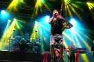 Na zdjęciu wokalista podczas swojego występu. Na drugim planie widać muzyków grających na instrumentach muzycznych. Całość oświetlają żółto-zielone światła. 