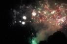 Kolorowy pokaz sztucznych ogni na ciemnym niebie. 