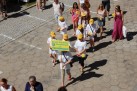Zdjęcie wykonane z lotu ptaka. Na zdjęciu uczniowie Zespołu Placówek Oświatowych w Kalinowicach podczas przemarszu. 