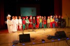 Grupa dzieci przebranych w różne stroje podczas występu na scenie. 