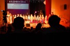 Zdjęcie przedstawia występ grupy dzieci. Widać na nim dzieci przebrane w różne kostiumy, stojące na scenie. Za nimi znajduje się ekran, na którym wyświetlony jest napis 'KOLĘDNICY 2016' oraz nazwa grupy i placówki: '„PUCHATKI” PRZEDSZKOLE PUBLICZNE NR 9 W STRZELCACH OPOLSKICH'. Na pierwszym planie widać sylwetki widzów, co sugeruje, że zdjęcie zostało zrobione z perspektywy publiczności.