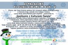 Grafika zapraszająca na Ferie Zimowe w SOK-u i na powiązane z tym wydarzenie pt. ,,Spotkanie z Kulturami Świata'. 