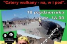 Plakat zapowiada spotkanie z podróżnikiem Grzegorzem Podsiadło „Cztery wulkany – na, w i pod”, które odbyło się 18 października o 18:00 w C@fe Kultura w Strzelcach Opolskich. Wstęp na wydarzenie był wolny. Kolorystyka plakatu jest kontrastowa – czerń i zieleń w górnej części oraz jasne barwy ze zdjęciami wulkanów i podróżnika w dolnej. Na dole znajdują się logotypy organizatorów i patronów medialnych.
