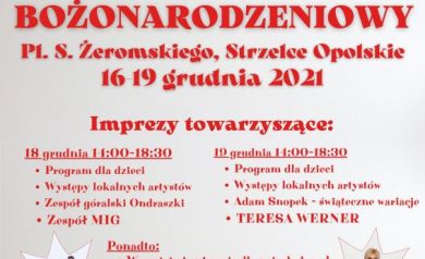 Plakat dotyczący Jarmarku Bożonarodzeniowego odbywającego się na Placu Żeromskiego w Strzelcach Opolskich.