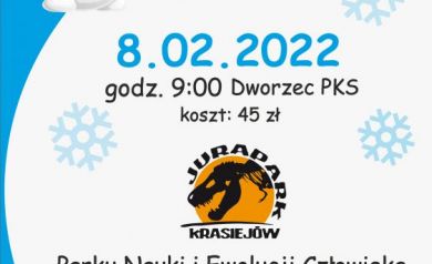 Plakat dotyczący wyjazdu do JuraParku w Krasiejowie - do Parku Nauki i Ewolucji Człowieka. 