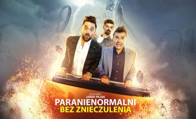 Plakat dotyczący występu Kabaretu Paranienormalni  z gościnnym  występem Jarka Pająka. 