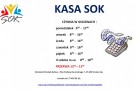 Plakat informuje o godzinach otwarcia kasy Strzeleckiego Ośrodka Kultury. Podano dni i godziny pracy. Uwzględniono przerwę od 13:00 do 13:30. Na plakacie znajduje się logo SOK, rysunek kasy fiskalnej oraz dane kontaktowe i adres instytucji. Całość utrzymana jest w prostej, czytelnej formie informacyjnej.