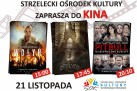 Plakat mający na celu zaprosić do kina. Podane są również tytuły filmów wraz z godzinami wyświetlania seansów, data oraz logotyp Strzeleckiego Ośrodka Kultury. 