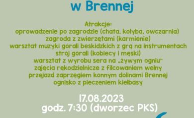 Plakat dotyczący wyjazdu do Koziej Zagrody w Brennej w ramach Wakacji z SOK-iem 2023. 