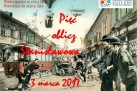 Plakat promuje wydarzenie „Pięć oblicz Stanisławowa”, które odbyło się 3 marca 2017 roku. Tło stanowi stylizowana, historyczna ilustracja miasta z 1914 roku z tramwajem, balonem i ludźmi na ulicy.