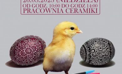 Plakat dotyczący warsztatów z ,,Jajem' o tematyce wielkanocnej. 