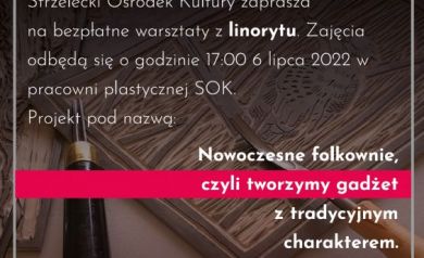 Plakat zapraszający na bezpłatne warsztaty z linorytu.
