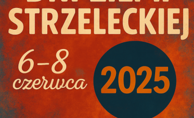 Grafika przedstawiająca napis Dni Ziemi Strzeleckiej, podana jest data, wszystko napisane jest na czerwono-ciemnym tle. 