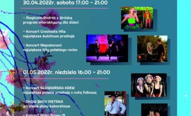 Plakat dotyczy Majówki. Przedstawiony jest program wydarzenia. 