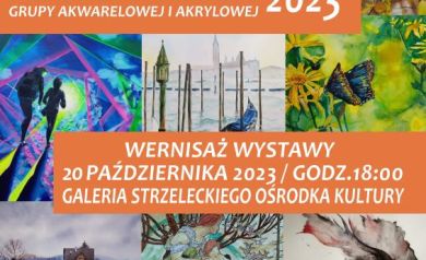 Plakat dotyczący wernisażu wystawy trzeciej corocznej wystawy opolskiej grupy akwarelowej i akrylowej 2023. 