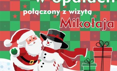 Plakat dotyczący teatrzyku dla dzieci pt. ,,Bałwanek w opałach' połączony z wizytą Mikołaja. 