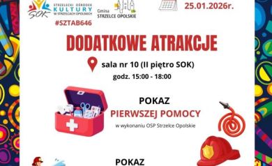 Plakat przedstawia dodatkowe atrakcje (pokaz pierwszej pomocy, pokaz wyposażenia sprzętu straży) odbywające się podczas 34. Finału Wielkiej Orkiestry Świątecznej Pomocy. 