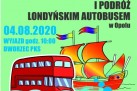 Plakat dotyczy wycieczki do Opola, w ramach Lata z SOKiem podczas której uczestnicy wezmą udział w rejsie statkiem po Odrze oraz przejażdżce londyńskim autobusem piętrowym. Wydarzenie organizuje Strzelecki Ośrodek Kultury. Wyjazd zaplanowano na 4 sierpnia 2020 r. o godz. 10:00 z dworca PKS, a koszt udziału wynosi 30 zł. Grafika jest kolorowa i wakacyjna – na zielonym tle widnieją rysunki czerwonego londyńskiego autobusu piętrowego oraz statku żaglowego na wodzie.