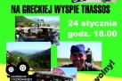 Plakat dotyczący spotkania pt. ,,Na greckiej wyspie Thassos' z podróżnikiem Sebastianem Bielakiem. 