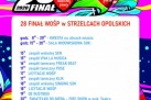 Plakat przedstawiający program 28. Finału WOŚP w Strzelcach Opolskich. Tło plakatu ukazuje różne kolorowe grafiki. 