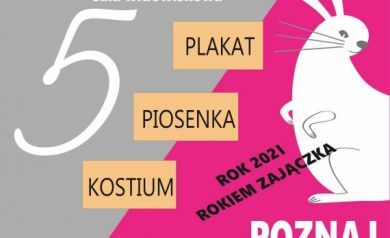 Plakat zapowiada V Festiwal Ekologiczny „Ekozoolandia” dla przedszkolaków gminy Strzelce Opolskie, który odbędzie się 16 kwietnia 2021 o godzinie 9:00 w sali widowiskowej. Motywem przewodnim jest rok zajączka – „Poznaj Bielaka”. 