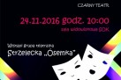 Plakat dotyczący spektaklu pt. ,,Damfmaszyna' w wykonaniu grupy teatralnej z Strzeleckiej ,,Ósemki'. 