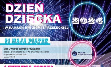 Plakat przedstawiający program na Dzień Dziecka 2024, organizowany w ramach Dni Ziemi Strzeleckiej. - powiększ
