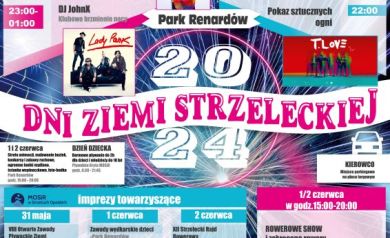 Plakat dotyczący Dni Ziemi Strzeleckiej 2024. Przedstawiony jest program całego wydarzenia. 