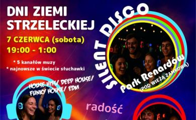 Plakat przedstawiający imprezę Silent Disco odbywającą się podczas Dni Ziemi Strzeleckiej.
