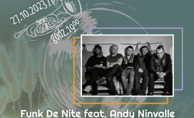Plakat zapraszający na wydarzenie ,,Strzeleckie Ogrody Jazzowe' powiązane z koncertem zespołu Funk De Nite feat. Andy Ninvalle ,,Jubilee Tour'. 