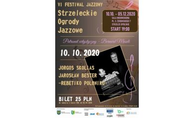 Plakat zapraszający na wydarzenie ,,Strzeleckie Ogrody Jazzowe' powiązane z koncertem Jorgos Skolias, Jarosław Bester - REBETIKO POLONIKO.