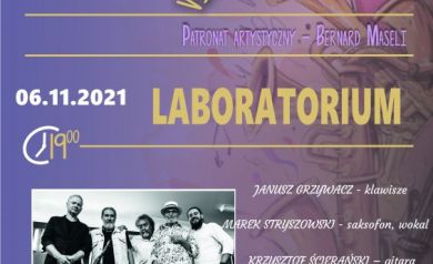 Plakat dotyczący VII Festiwalu Jazzowego ,,Strzeleckie Ogrody Jazzowe' i związanego z tym wydarzeniem koncertem grupy ,,Laboratorium'. 