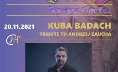 Plakat dotyczący Strzeleckich Ogrodów Jazzowych - VII Festiwal Jazzowy i koncertu Kuby Badacha. 