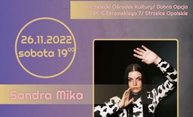 Plakat zapraszający na wydarzenie ,,Strzeleckie Ogrody Jazzowe' powiązane z koncertem Sandry Mika. 