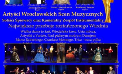 Plakat dotyczący Koncertu Wiedeńskiego ,,Na urodzinach u Straussa'. 