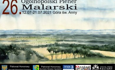 Plakat z widokiem panoramy z Góry ŚW. Anny. W lewym górnym rogu tytuł ,,26. Ogólnopolski Plener Malarski?