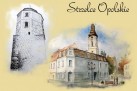 E-kartka z grafiką zabudowy Strzelec Opolskich oraz napisem ,,Strzelce Opolskie'. Tło ma beżowy kolor. 
