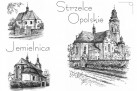 E-kartka z budowlami Strzelec Opolskich i Jemielnicy oraz napisem ,,Jemielnica' i ,,Strzelce Opolskie'. Całość jest czarno-biała. 
