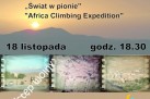 Plakat dotyczący spotkania z podróżnikiem Grzegorzem Podsiadło pt. ,,Świat w pionie' i ,,Africa Climbing Expedition'. 