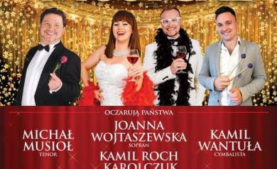 To plakat promujący wydarzenie pt. „Petarda Przebojów – Operetka & Musical”, które odbędzie się 2 kwietnia 2023 roku o godzinie 17:00 w Strzeleckim Ośrodku Kultury. Na plakacie widać cztery uśmiechnięte osoby – artystów, którzy wystąpią: Michał Musioł (tenor), Joanna Wojtaszewska (sopran), Kamil Roch Karolczuk (tenor), Kamil Wantuła (cymbalista). Tło jest złote, pełne światła i blasku, przypominające bogato zdobione wnętrze opery lub teatru. Dół plakatu ma ciemnoczerwony kolor z motywem kurtyny. Na dole podano informacje o biletach w cenie 70 zł, dostępnych w SOK-u i przez portal Bilecik.pl.