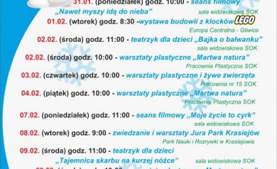 Plakat przedstawiający program na ferie zimowe. 