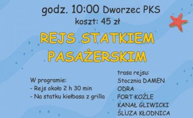 Plakat dotyczący rejsu statkiem pasażerskim w ramach akcji LATO organizowanej w Strzeleckim Ośrodku Kultury. 