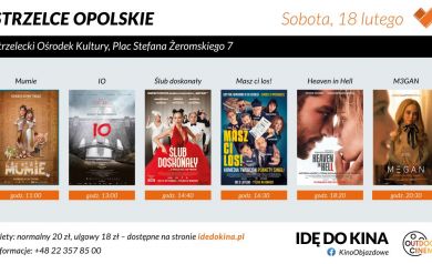 Plakat informuje o repertuarze filmowym w Strzelcach Opolskich w sobotę, 18 lutego, w Strzeleckim Ośrodku Kultury przy Placu Stefana Żeromskiego 7. Pokazane są plakaty filmów wraz z godzinami seansów. Na dole podano ceny biletów dostępnych na stronie idedokina.pl. Podany jest też numer kontaktowy oraz logotypy „Idę do kina” i „Outdoor Cinema”.