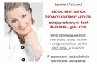 Grafika informująca o przełożeniu recitalu Ireny Santor. 